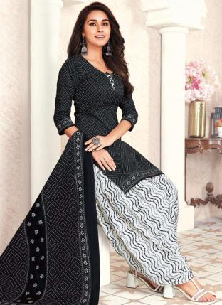 Hot Black Pure Cotton Regular Wear Printed Patiyala Suit