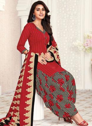 Red Pure Cotton Regular Wear Printed Patiyala Suit