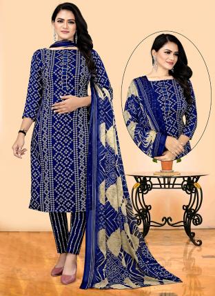 Navy Blue Cotton Daily wear Printed Straight Suit