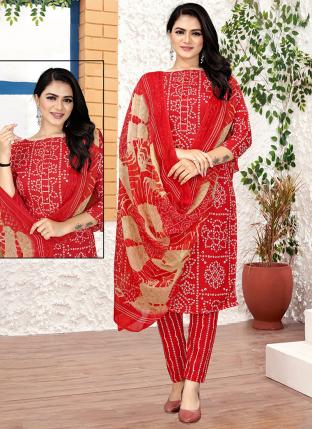 Red Cotton Daily wear Printed Straight Suit