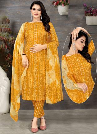 Yellow Cotton Daily wear Printed Straight Suit