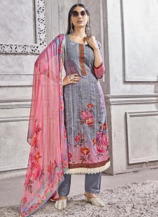 Grey Pure Lawn Cotton Festival Wear Embroidery Work Salwar Suit