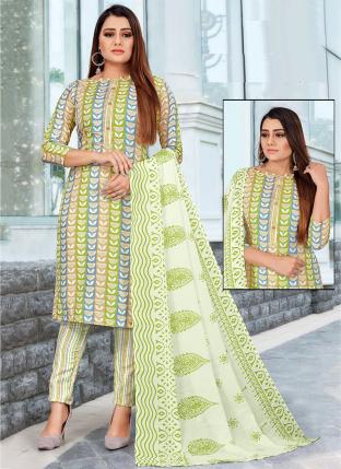 Light Green Cotton Daily wear Printed Straight Suit