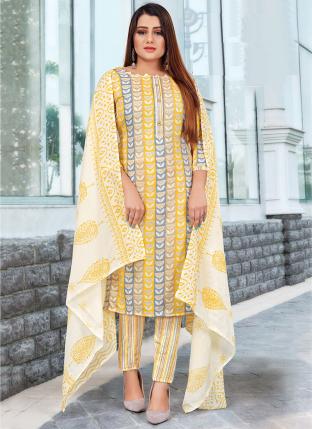 Yellow Cotton Daily wear Printed Straight Suit