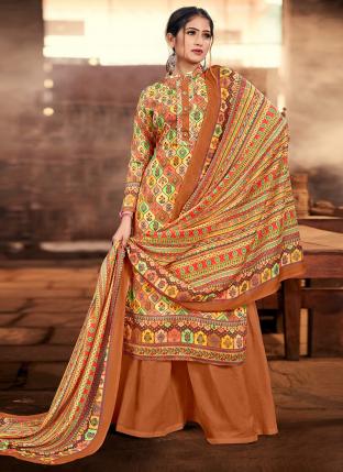 Brown Jam Cotton Casual Wear Hand Work Palazzo Suit