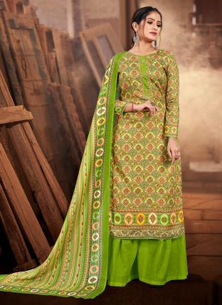 Green Jam Cotton Casual Wear Hand Work Palazzo Suit