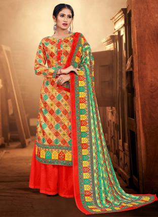 Red Jam Cotton Casual Wear Hand Work Palazzo Suit