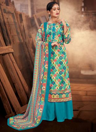 Sky Blue Jam Cotton Casual Wear Hand Work Palazzo Suit