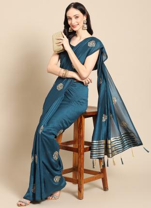 BLUE Poly Traditional Wear Foil Printed Saree