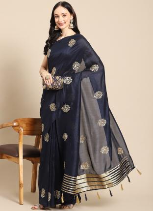 Navy Blue Poly Traditional Wear Foil Printed Saree