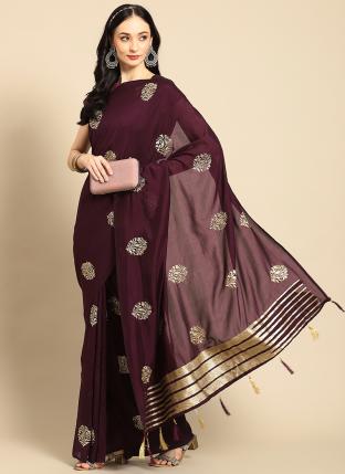 Wine Poly Traditional Wear Foil Printed Saree