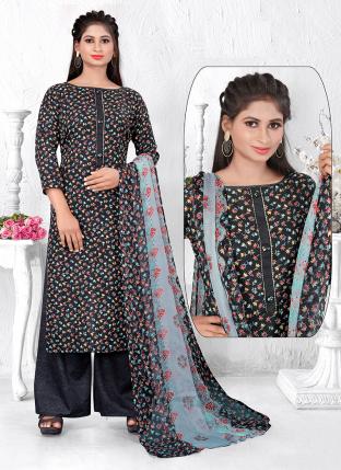 Black Cotton Daily wear Digital Printed Palazzo Suit
