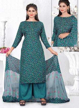 Blue Cotton Daily wear Digital Printed Palazzo Suit
