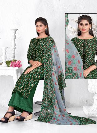 Bottle Green Cotton Daily wear Digital Printed Palazzo Suit