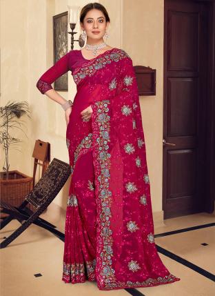Rani Georgette Wedding Wear Embroidery Work Saree