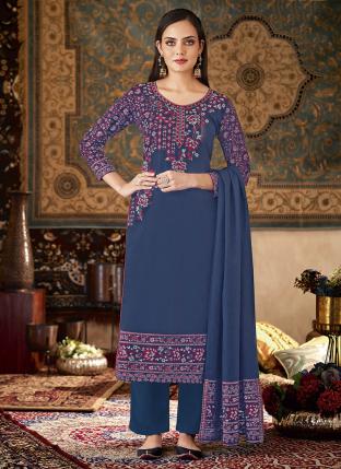 Blue Pashmina Casual Wear Jacquard Salwar Suit
