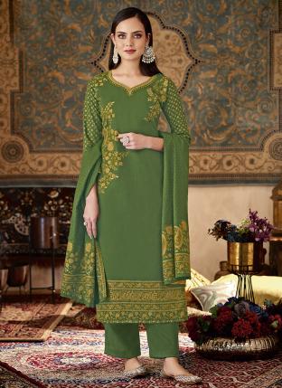 Green Pashmina Casual Wear Jacquard Salwar Suit