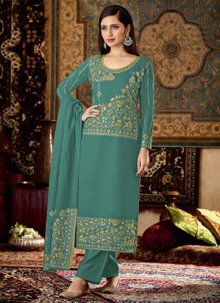 TEAL GREEN Pashmina Casual Wear Jacquard Salwar Suit