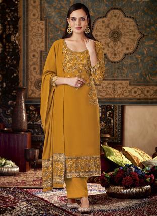 Yellow Pashmina Casual Wear Jacquard Salwar Suit
