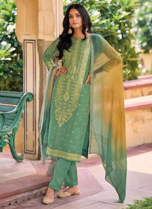 Pista green Jacquard Festival Wear Weaving Salwar Suit