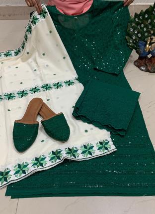 Bottle Green Pure Cambric Traditional Wear Sequins Work Readymade Salwar Suit