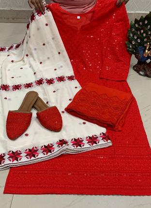 Red Pure Cambric Traditional Wear Sequins Work Readymade Salwar Suit