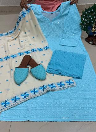 Sky Blue Pure Cambric Traditional Wear Sequins Work Readymade Salwar Suit