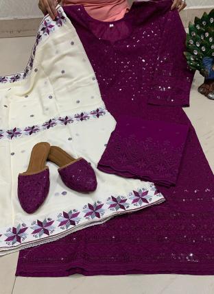 Wine Pure Cambric Traditional Wear Sequins Work Readymade Salwar Suit