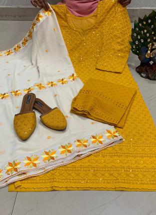 Yellow Pure Cambric Traditional Wear Sequins Work Readymade Salwar Suit