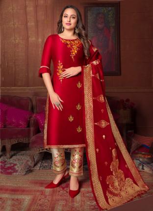 Red Bemberg Silk Party Wear Hand Work Readymade Salwar Suit