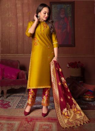 Yellow Bemberg Silk Party Wear Hand Work Readymade Salwar Suit