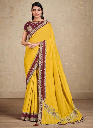 Yellow Tussar Silk Wedding Wear Multi Work Saree