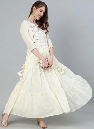 Cream Malmal Cotton Festival Wear Embroidery Work Gown