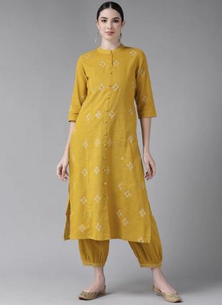 Yellow Cotton Festival Wear Embroidery Work Kurti With Pant