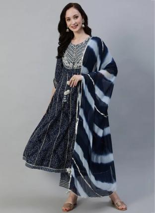 Navy Blue Cotton Silk Traditional Wear Hand Work Readymade Salwar Suit