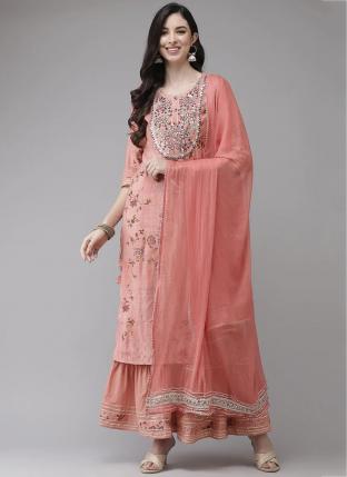 Pink Muslin Silk Traditional Wear Hand Work Readymade Salwar Suit