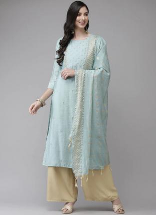 Sky Blue Chanderi Silk Traditional Wear Hand Work Readymade Salwar Suit