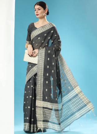 Black Chanderi Silk Party Wear Thread Work Saree