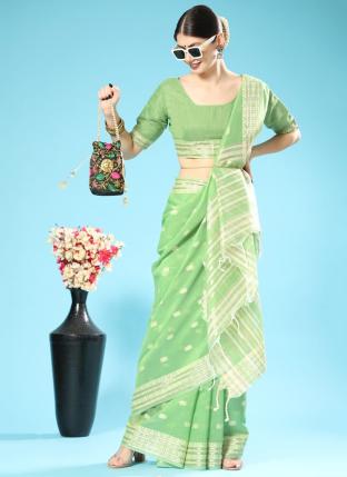Pista green Chanderi Silk Party Wear Thread Work Saree