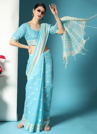 Sky Blue Chanderi Silk Party Wear Thread Work Saree