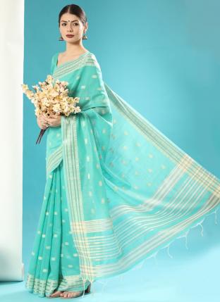 Turquoise Blue Chanderi Silk Party Wear Thread Work Saree