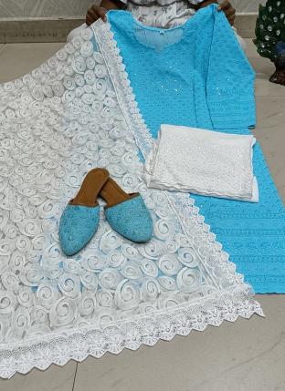 Sky Blue Cambric Cotton Traditional Wear Sequins Work Readymade Salwar Suit