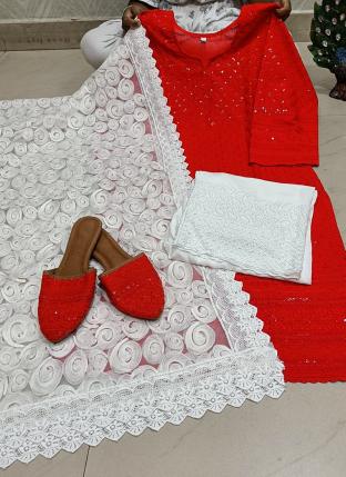 Red Cambric Cotton Traditional Wear Sequins Work Readymade Salwar Suit