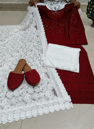 maroon Cambric Cotton Traditional Wear Sequins Work Readymade Salwar Suit