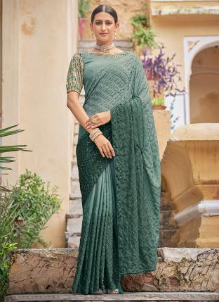 Green Chinnon Party Wear Sequins Work Saree