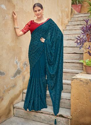 Teal Blue Chinnon Party Wear Sequins Work Saree
