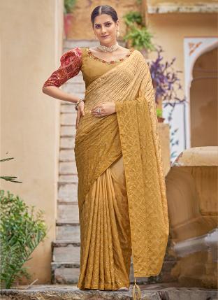 Yellow Chinnon Party Wear Sequins Work Saree