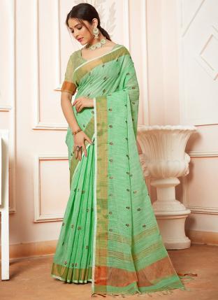 Green Linen Festival Wear Embroidery Work Saree
