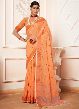 Orange Linen Festival Wear Embroidery Work Saree