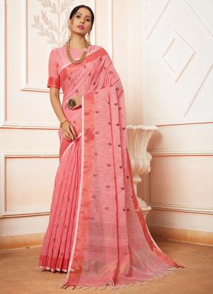 Pink Linen Festival Wear Embroidery Work Saree